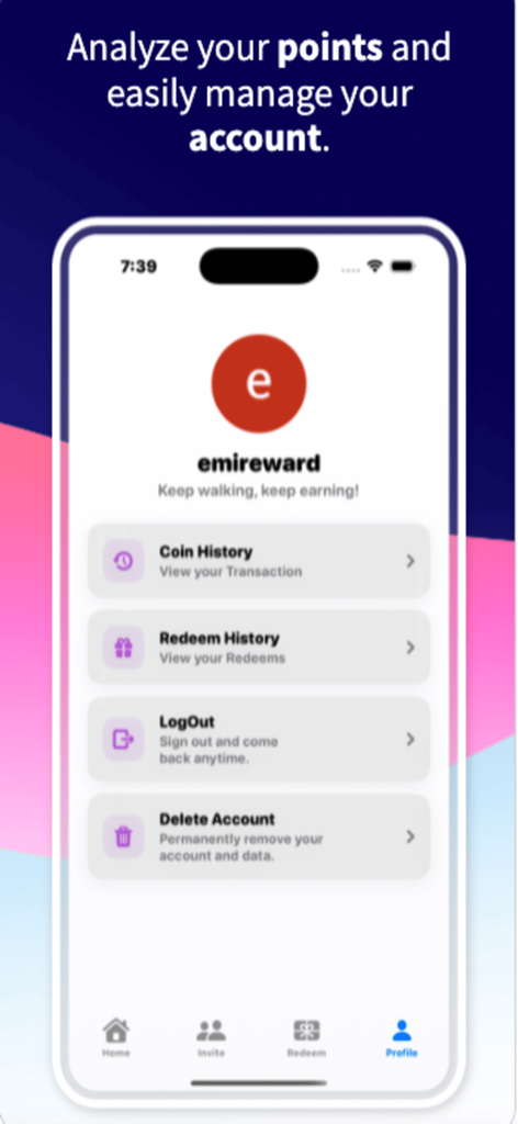 EarnZy: Survey & Games - EarnZy app user profile screen with options for coin history and account management