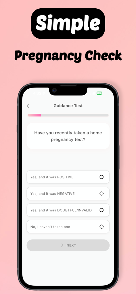 Pregnancy Test Checker Quiz - A screenshot of the Pregnancy Test Checker Quiz app showing a multiple choice question about recent home pregnancy test results on the Guidance Test screen