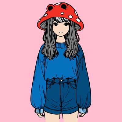 a realistic girl with a frog hat and baggy mushroom shirt