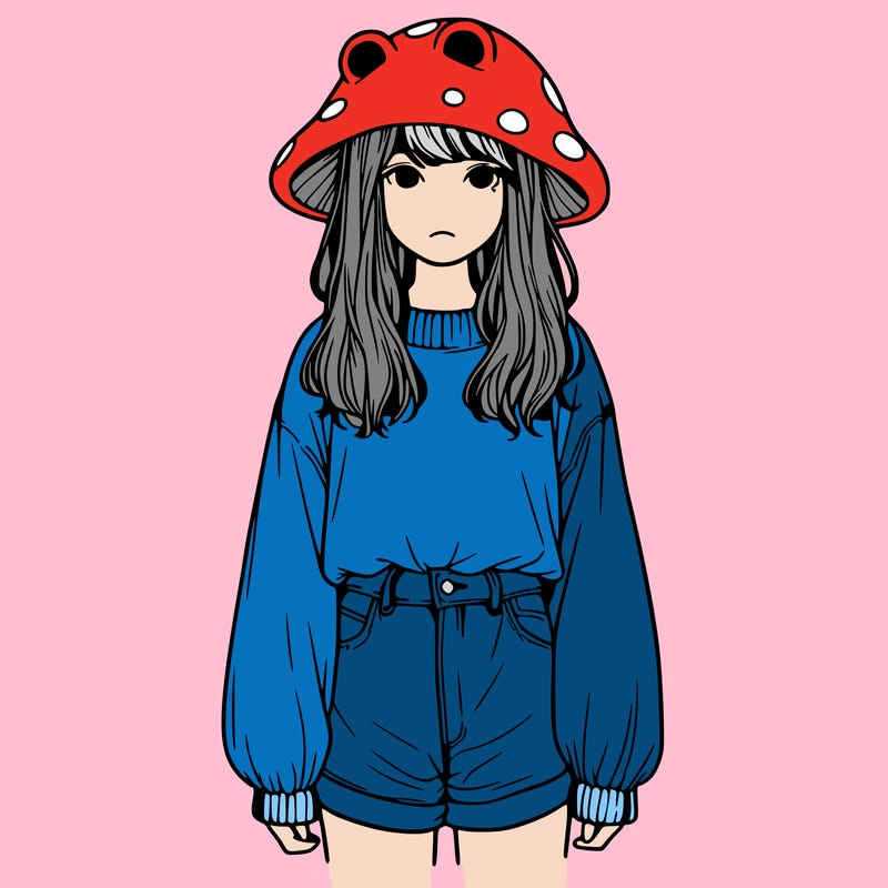a realistic girl with a frog hat and baggy mushroom shirt