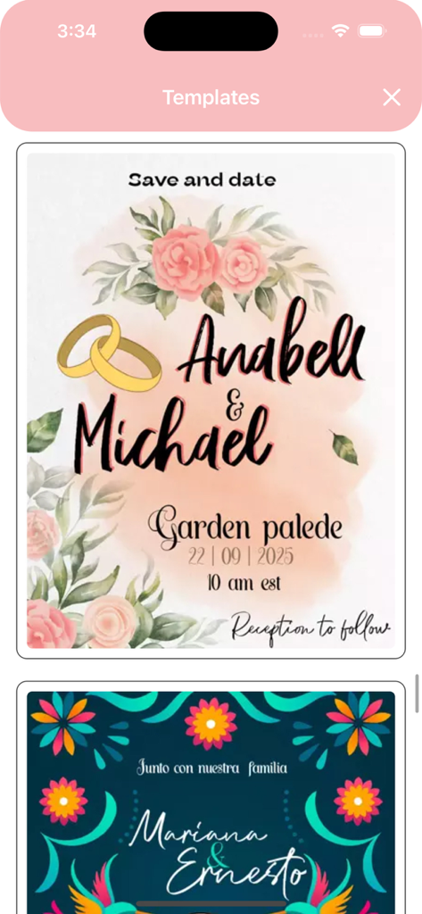 Una colección de plantillas de invitaciones de boda florales y coloridas dentro de la interfaz de la aplicación móvil.