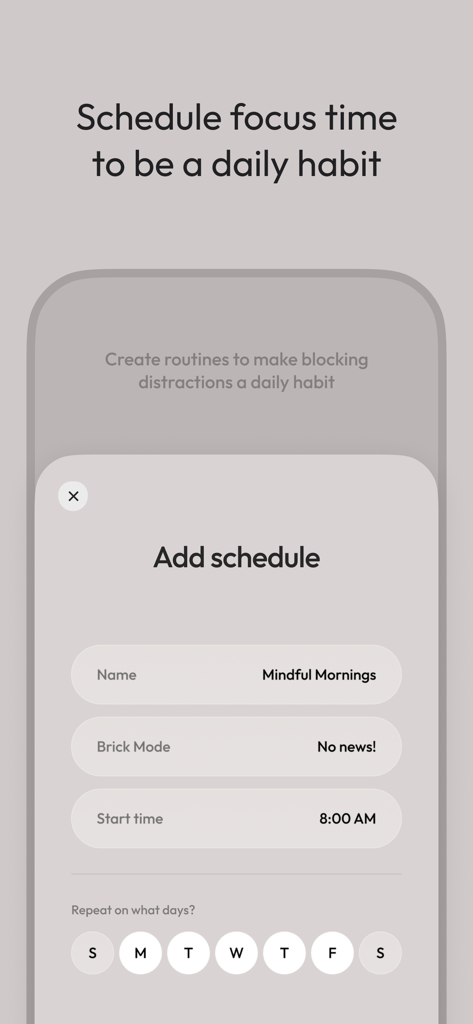 Brick - Ditch Distractions - Interfaz para programar una rutina de concentración diaria para bloquear distracciones en la aplicación Brick.