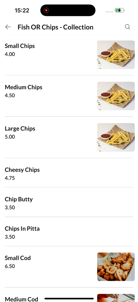 Chunky - Screenshot of the Chunky app menu showing various chips and fish items with prices and photos.