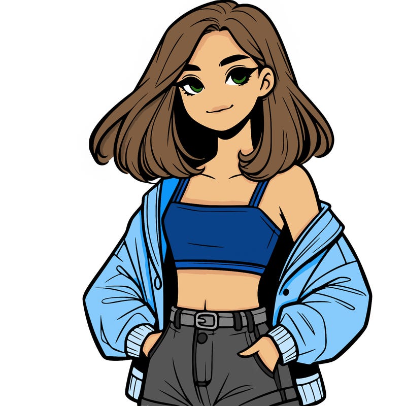 a realistic girl with a crop top and short shorts in an open jacket