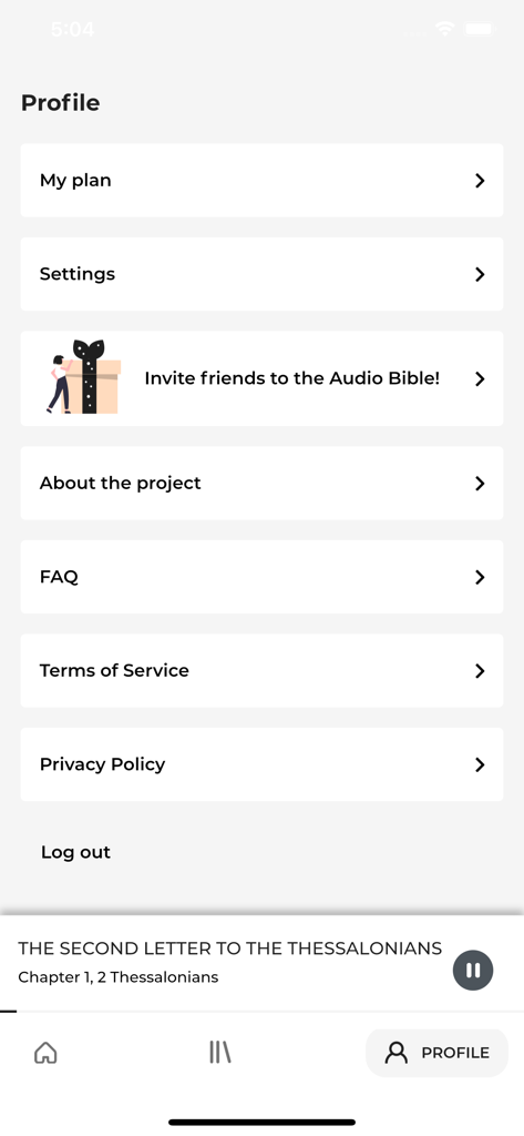 The AudioBible Superproduction - User profile settings page in The AudioBible Superproduction mobile app