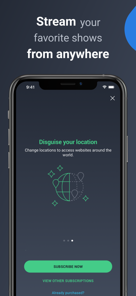 AVG Secure VPN & Proxy server - Schermata dell'app AVG VPN che mostra l'opzione per mascherare la posizione e guardare programmi in streaming a livello globale.