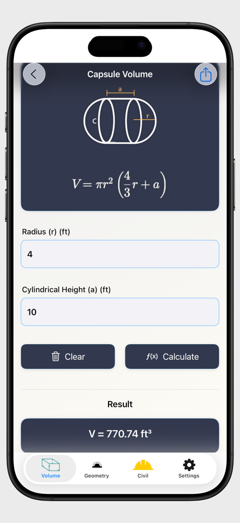 Volume Calculator 3D - Interface of Volume Calculator 3D showing the formula and result for a capsule volume in feet