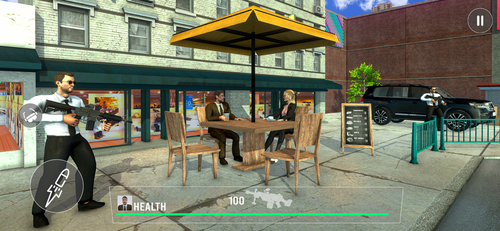 Vip Security Simulator Game - A bodyguard with a rifle protecting a VIP couple at an outdoor cafe in Vip Security Simulator Game