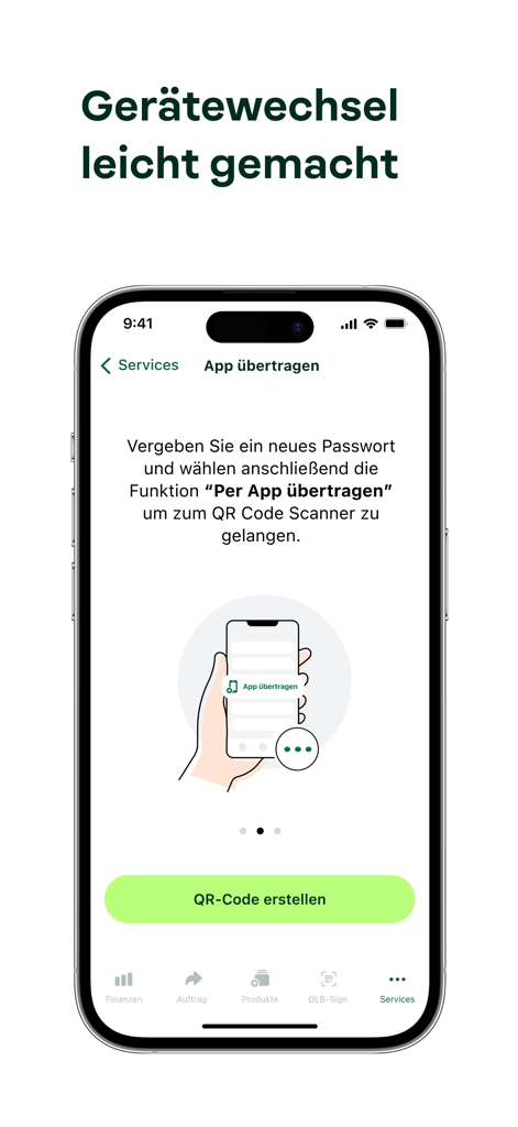 Screenshot of the OLB banking app showing instructions for transferring the app to a new device with a QR code button