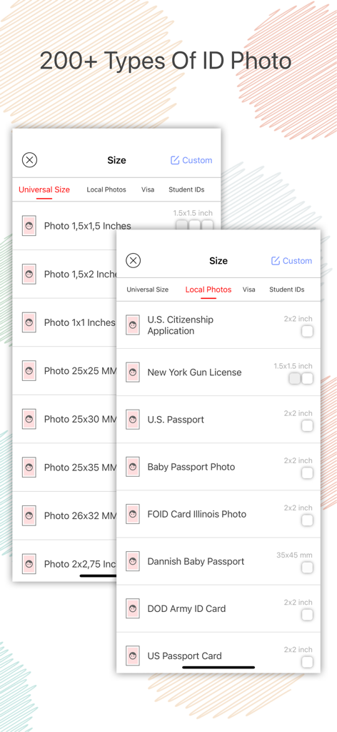 A selection menu in the app showing various ID photo sizes and document types like US Passport and Baby Passport Photo