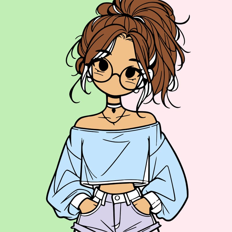 girl with a messy ponytail glasses a baggy crop top and jean shorts