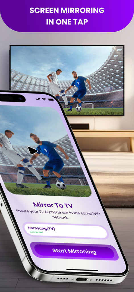 Oberfläche der iPhone-App, die die Übertragung eines Fußballspiels auf einen Smart TV zeigt