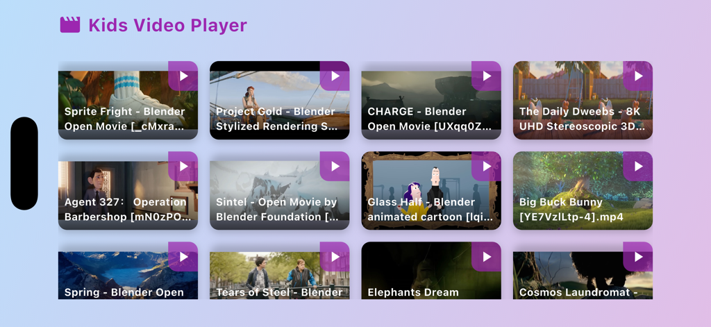 A child friendly interface showing a grid of curated videos with thumbnails and titles in the Easy Kids Video Player app.