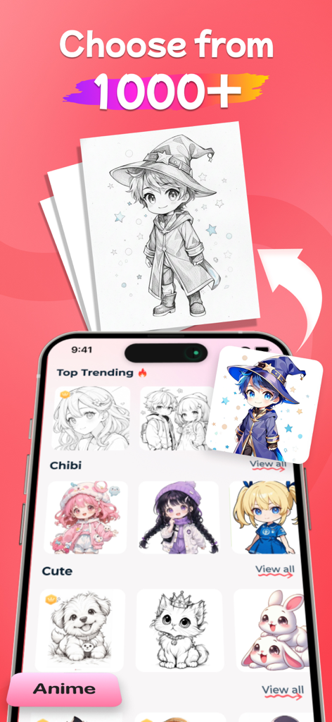 Sketch Trace Draw, AR App - AR 스케치를 위한 1000개 이상의 애니메이션 및 치비 캐릭터 템플릿 라이브러리를 보여주는 스마트폰 화면