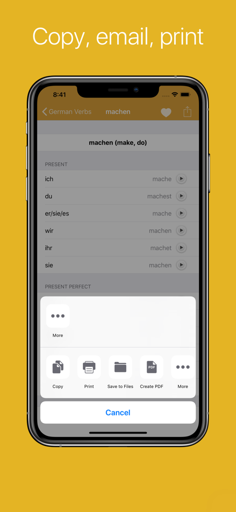 German Verb Conjugator - German Verb Conjugator app interface showing conjugation for the verb machen and a menu for copy print and pdf export