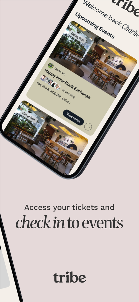 Tribe IRL - Tribe IRL app screen displaying upcoming social events and a check in feature.