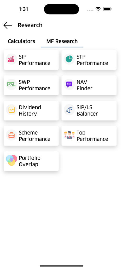 Kubera Wealth - Kubera Wealth app mutual fund research screen featuring various performance and analysis tools