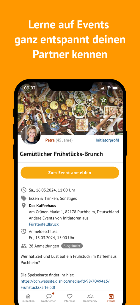 Écran mobile de l'application de rencontre Funkenflug montrant une annonce pour un brunch convivial avec les détails des participants.