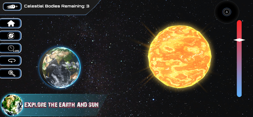 Universe Gravity Simulator 3D - A 3D space sandbox simulation showing Earth and a glowing Sun with game interface elements