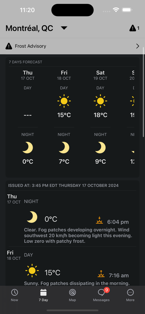 The WeatherCAN app displaying a 7-day weather forecast and frost advisory for Montreal.