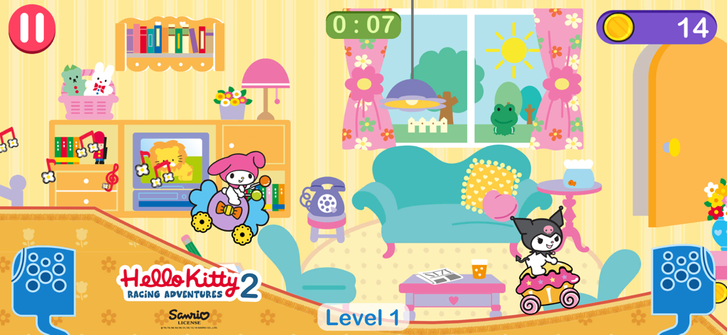 Hello Kitty car games for girl - My Melody and Kuromi racing their candy themed cars in a living room level