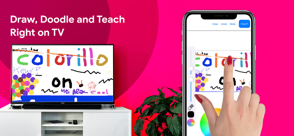 Una mano dibujando en la pantalla de un iPhone con el contenido duplicándose en vivo en un gran Smart TV.