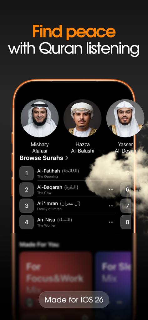 Interface of Quranify app showing surah list and portraits of famous Quran reciters