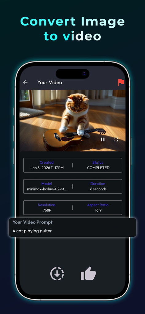 Aienvoy - Tela do aplicativo móvel Aienvoy mostrando um vídeo gerado por IA de um gato tocando violão a partir de um prompt