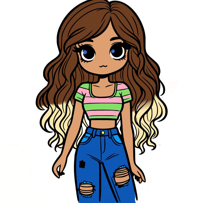 a girl with long wavy hair and has a crop top and ripped jeans on