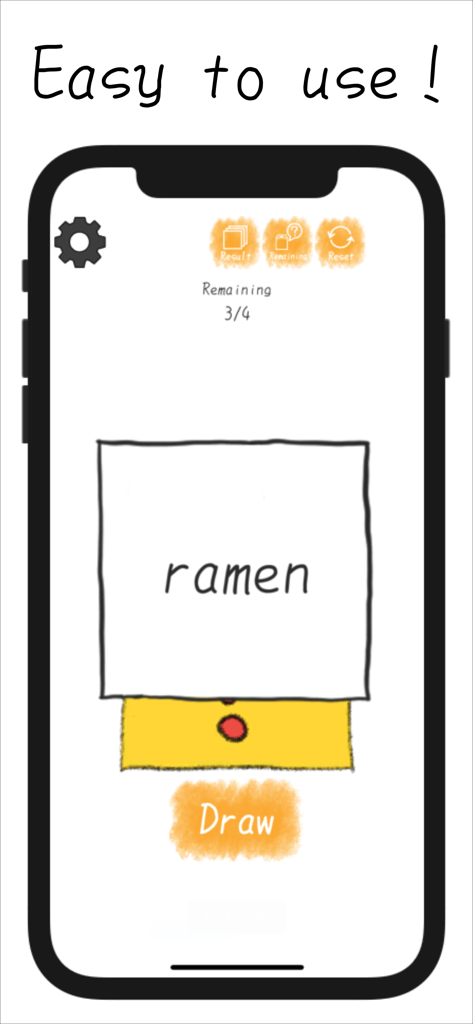 RouletteBox - RouletteBox mobile app interface showing a random selection result for ramen with a draw button.