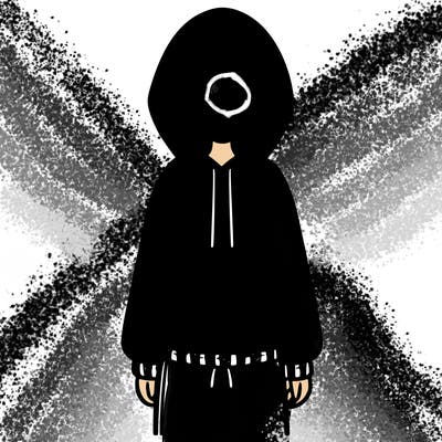 faceless girl in a tracksuit with a hood on and no hair