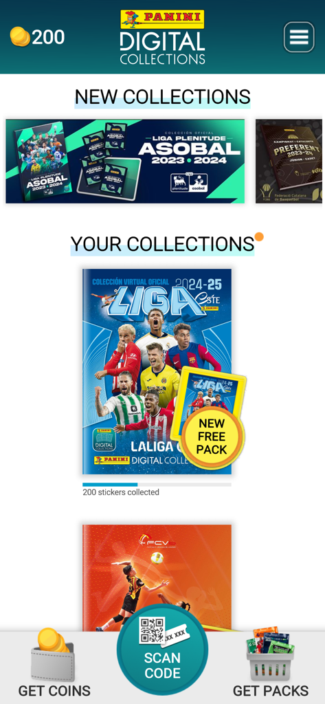 Panini Digital Collections - Pantalla de inicio de la app Colecciones Digitales Panini mostrando los álbumes de cromos deportivos disponibles y el progreso del usuario