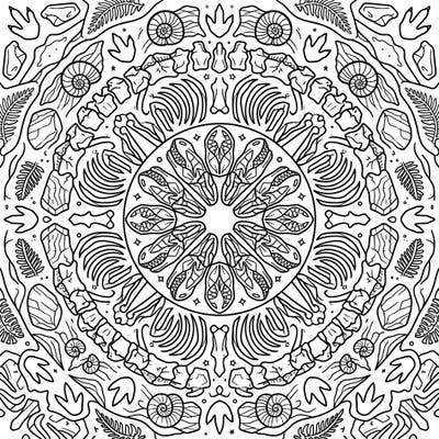 Delve into the prehistoric world with this captivating T-Rex Fossil Mandala coloring page. This intricate design weaves together dinosaur bones, footprints, and ancient flora in a mesmerizing circular pattern, ready for your artistic touch.