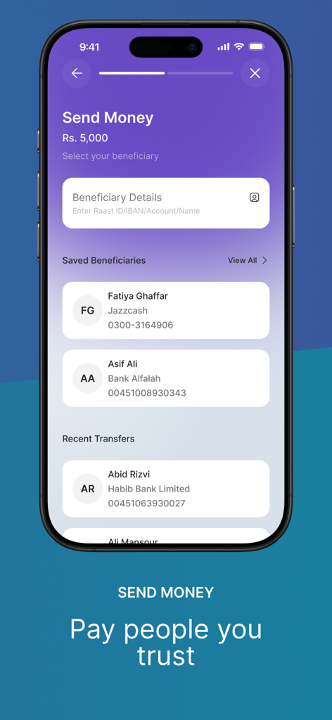 Raqami Islamic Digital Bank app interface showing the send money screen and saved beneficiaries list