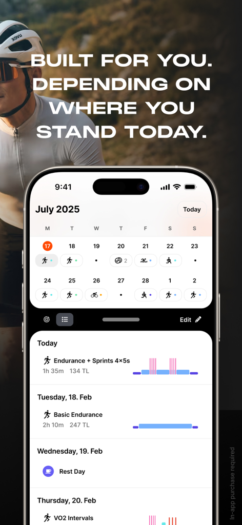 Enduco: Running & Cycling - Pantalla de la aplicación Enduco que muestra un calendario de entrenamiento personalizado y entrenamientos de resistencia diarios