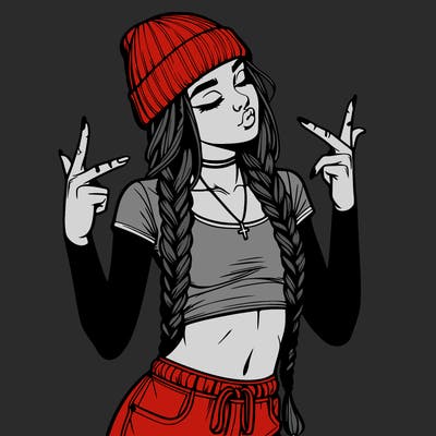 realistic teenage girl with braids and a beanie and crop top doing 🫶🏼