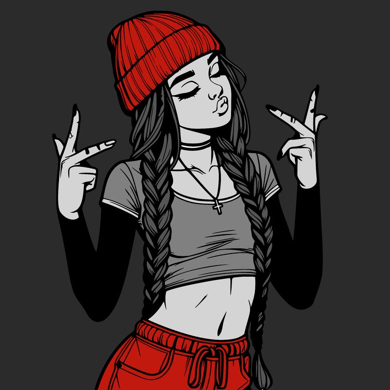 realistic teenage girl with braids and a beanie and crop top doing 🫶🏼
