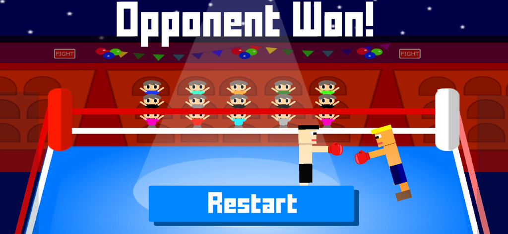 Bouncy Boxing - A game screen from Bouncy Boxing displaying the text Opponent Won above two blocky boxers in a ring with a Restart button.