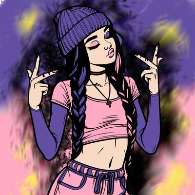 realistic teenage girl with braids and a beanie and crop top doing 🫶🏼