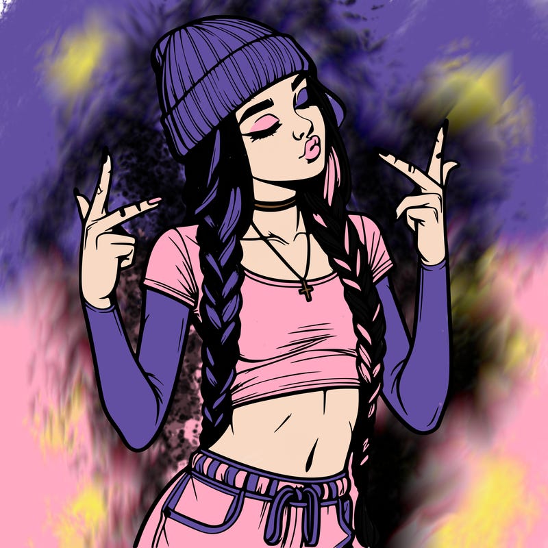 realistic teenage girl with braids and a beanie and crop top doing 🫶🏼