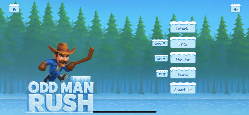 Dangleverse - Odd Man Rush game menu with difficulty levels and hockey character