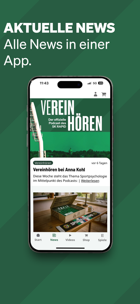 SK Rapid 1899 - Application officielle SK Rapid 1899 montrant les dernières actualités et articles de podcast sur un écran mobile.