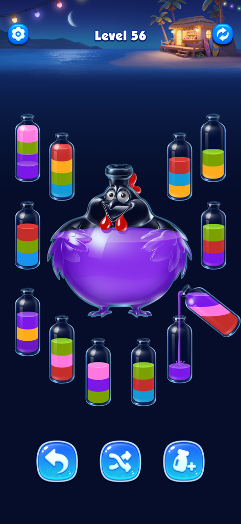 Um nível de quebra-cabeça de classificação de água 3D colorido apresentando uma garrafa em forma de galinha única e tubos de líquido.