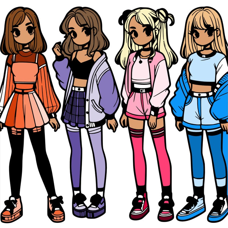 one girl with crop-top shirt and a jacket with a skirt, long socks and another girl with a shirt and pants with a jacket