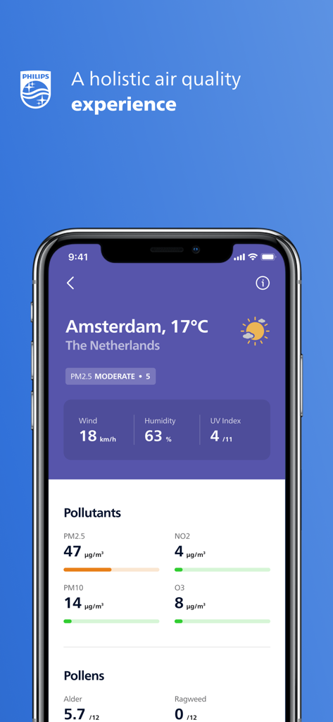 Philips Air plus App-Bildschirm mit Echtzeitdaten zur Luftqualität im Freien für Amsterdam, einschließlich Schadstoffgehalt und Pollenflug