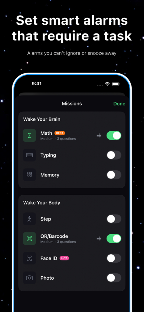Noozr - wake up early - 뇌와 몸을 깨우는 스마트 알람 미션을 표시하는 Noozr 앱 인터페이스