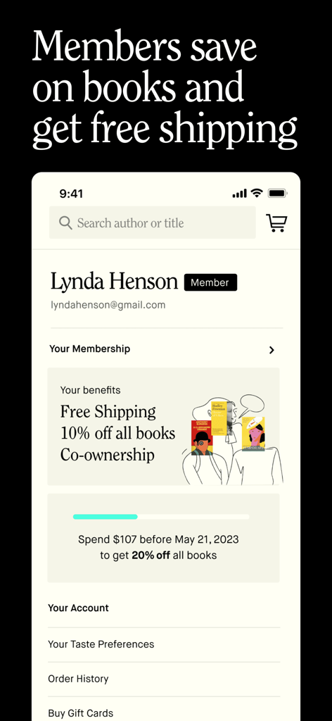 Tertulia - Pantalla de membresía de la aplicación Tertulia que muestra beneficios como envío gratuito y descuentos en libros para miembros.