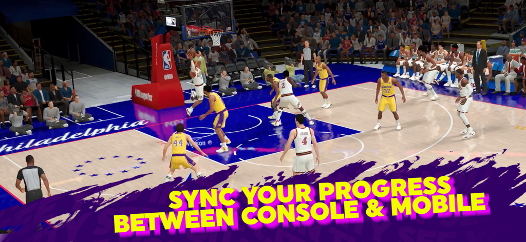 NBA 2K24 MyTEAM gameplay showing Lakers and 76ers on court with text about syncing progress between console and mobile