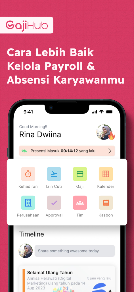 Gajihub - Payroll & Absensi - Painel do aplicativo móvel Gajihub mostrando recursos de gestão de folha de pagamento, frequência e funcionários.