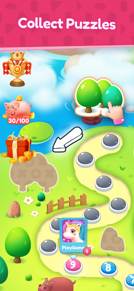 Find 5 Differences Online - Um mapa de jogo colorido mostrando um caminho de progressão com níveis numerados e recompensas de coleção de puzzles